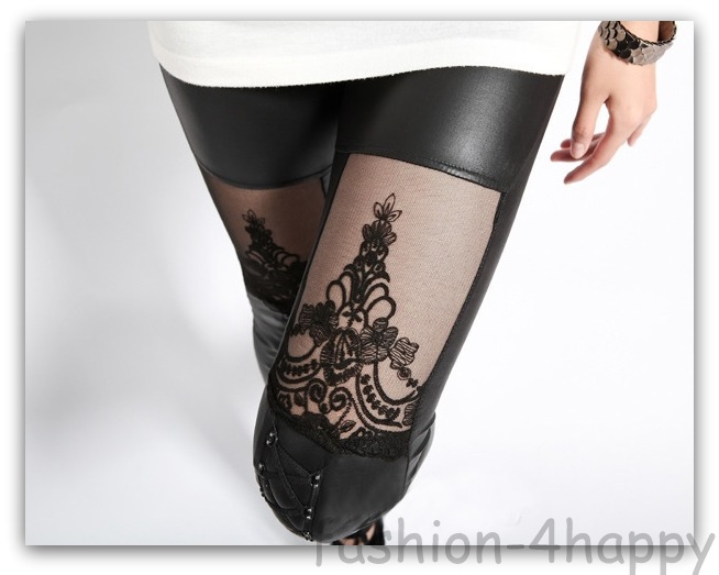 SEXY LEGÍNY dámské s krajkou, šněrováním IMITACE ČERNÁ KŮŽE UNI 179311