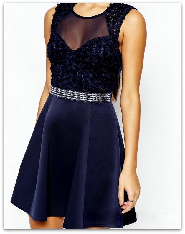 Luxusní společenské ŠATY MINI s krajkou 317459-3 NAVY modrá S/M
