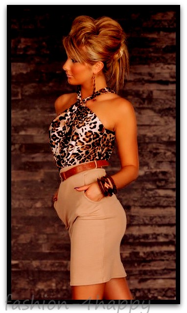 MINI ŠATY - béžová / leopard + pásek 417007-1 S/M