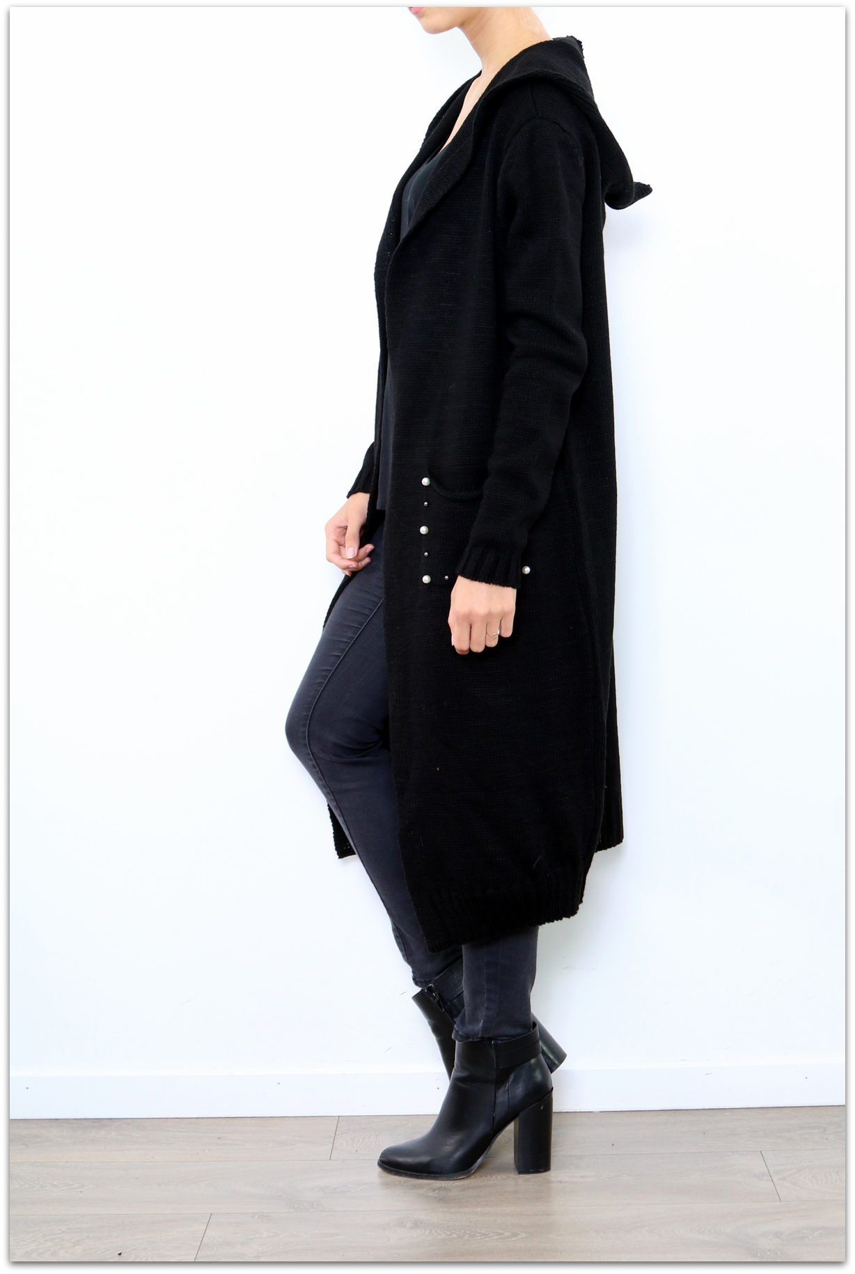 Dámský dlouhý SVETR / CARDIGAN s kapucí pletený 33006562-2 černá UNI - M/L/XL