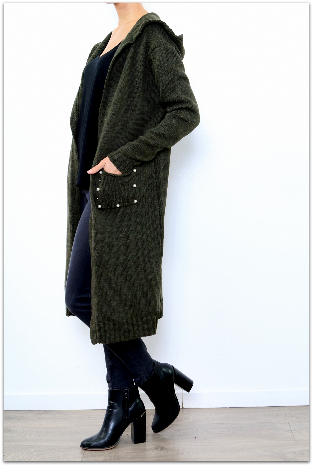 Dámský dlouhý SVETR / CARDIGAN s kapucí pletený 33006562-1 - khaki UNI - M/L/XL