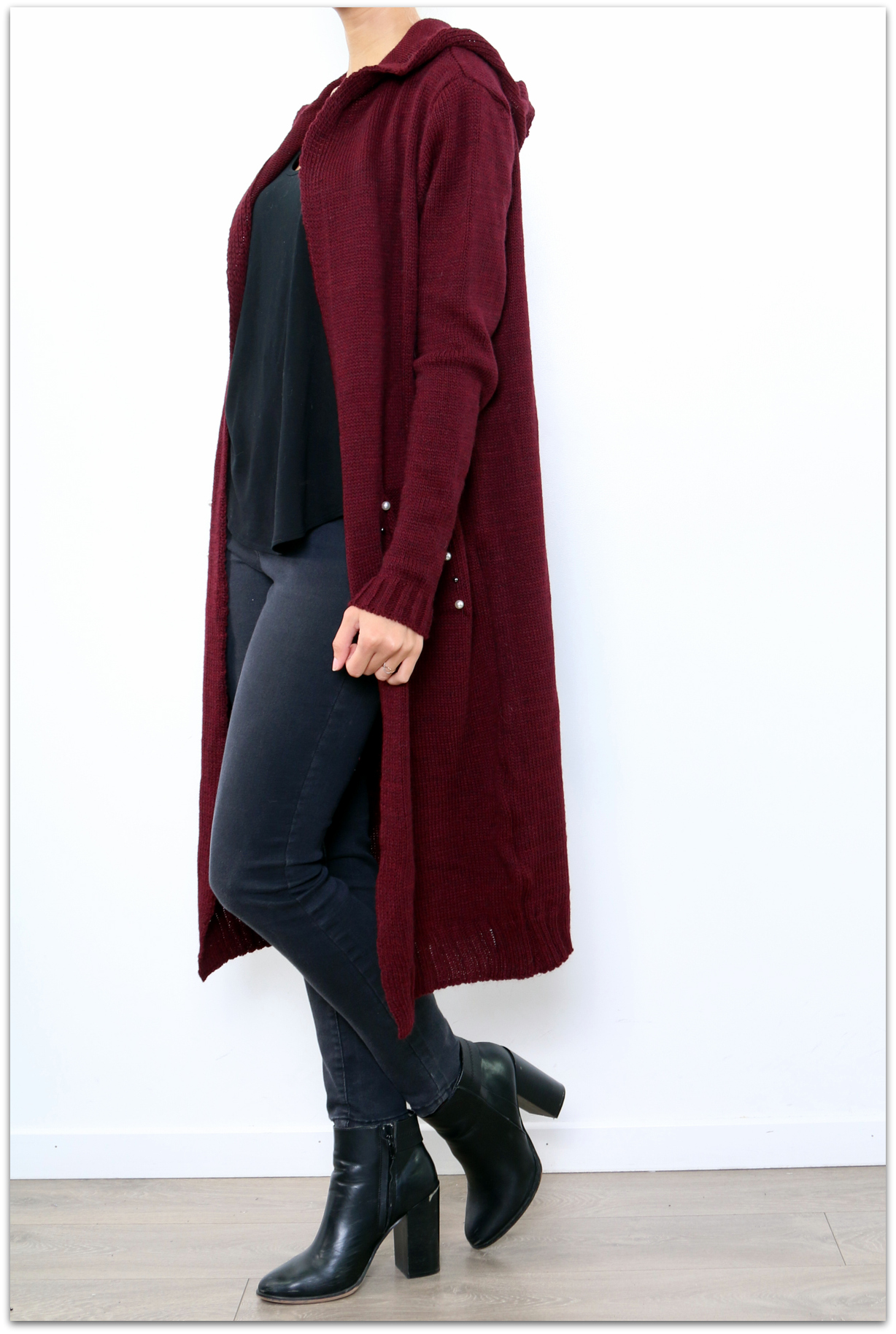 Dámský dlouhý SVETR / CARDIGAN s kapucí pletený 33006562-6 vínová UNI - M/L/XL
