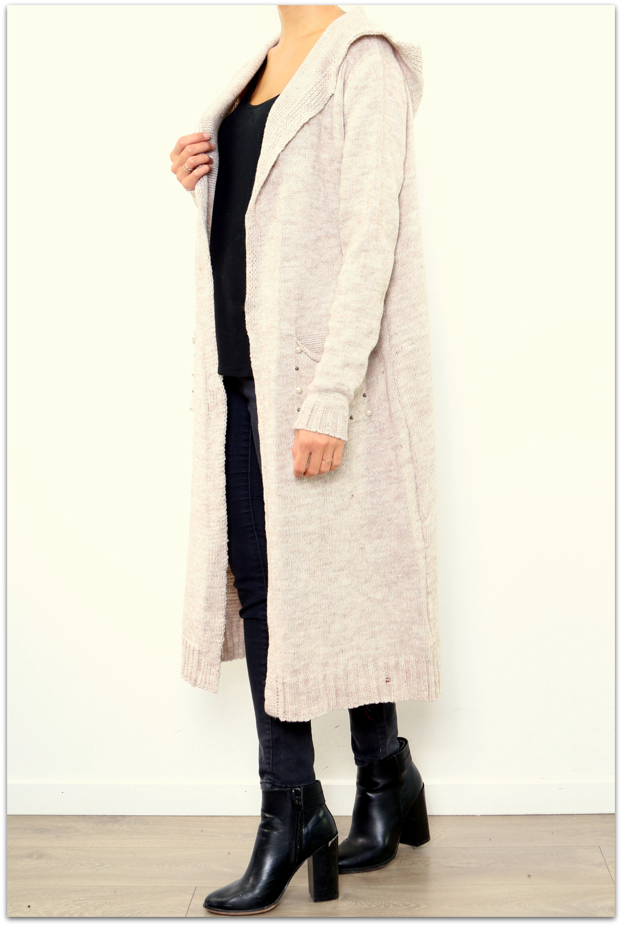 Dámský dlouhý SVETR / CARDIGAN s kapucí pletený 33006562-3 béžová UNI - M/L/XL