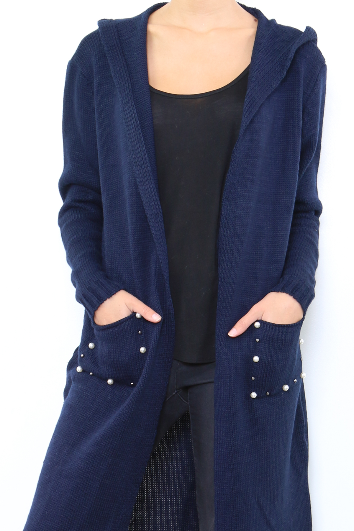 Dámský dlouhý SVETR / CARDIGAN s kapucí pletený 33006562-4 modrá UNI - M/L/XL