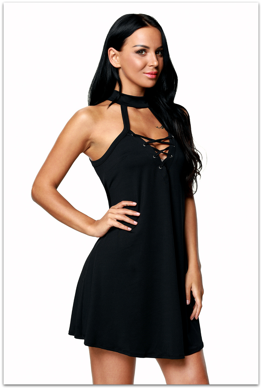 Dámské SEXY ŠATY /TUNIKA se šněrováním a obojkem11229521-2 černá M