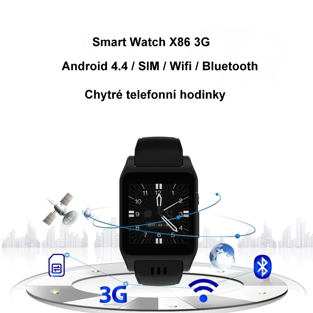 Smart Watch X86 3G chytré hodinky Android 4.4, Wifi/3G/SIM/GPS černá