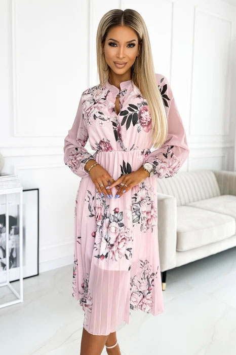 Numoco 449-4 CARLA Plisované midi šaty na knoflíky a dlouhý rukáv - růže na pastelově růžovém UNI