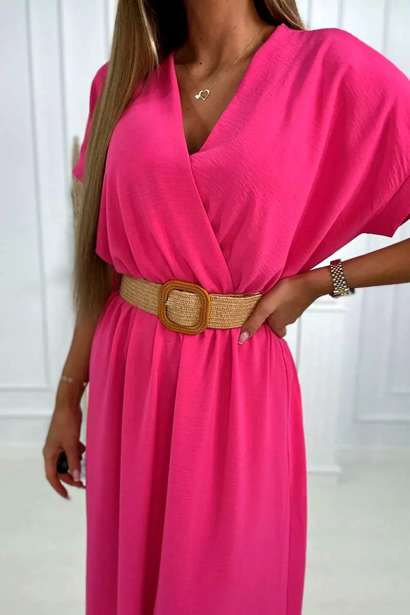 Dámské šaty dlouhé s ozdobným páskem zdarma 6012F-1 růžová - univerzální - S/M/L