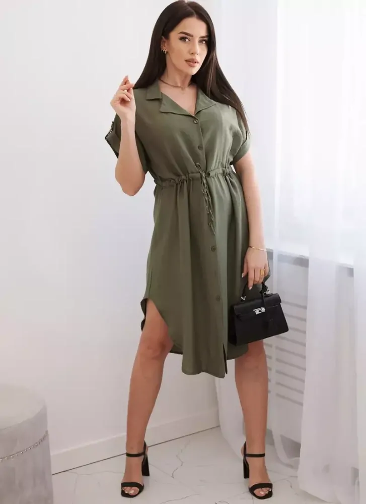 Dámské propínací ŠATY košilové se stažením v pase 6466-5 khaki - univerzální - S/M/L