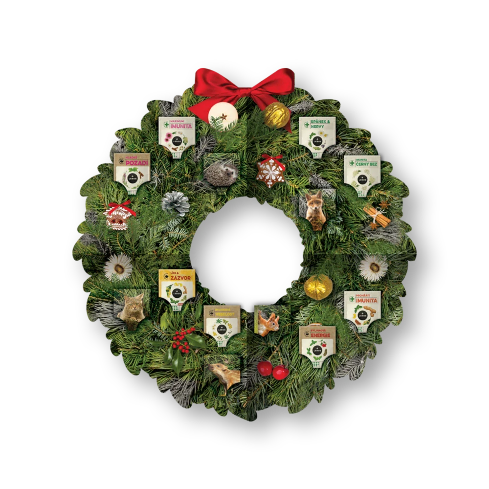LEROS Adventní kalendář čajový s jedinečným věncem - 24 druhů bylinných čajů + 3 sady dekorace: Vánoční ozdoby, lesní zvířátka, přírodní motivy 
