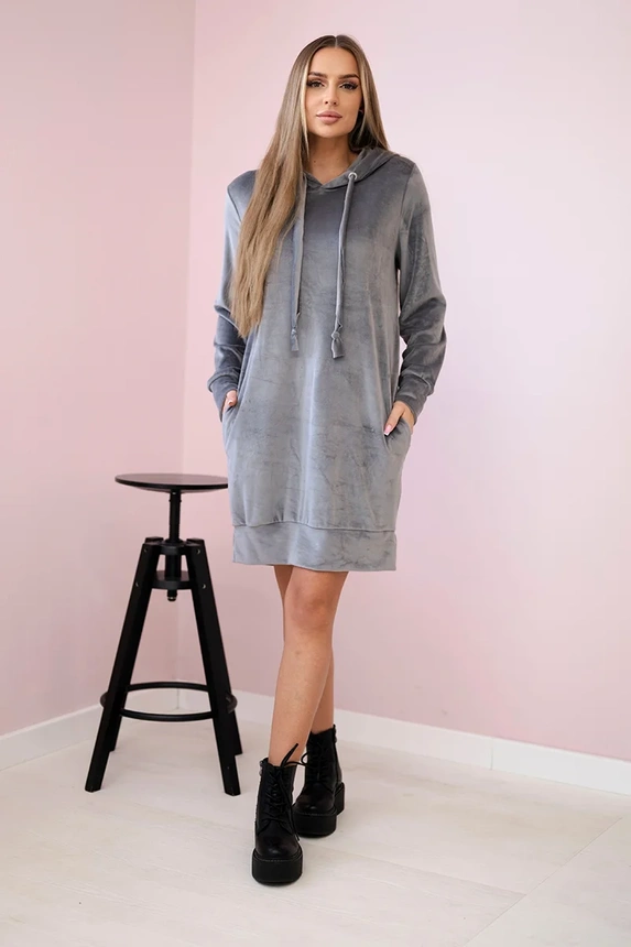 Velurové dlouhé dámské šaty / mikina s kapucí OVERSIZE 9366-7 šedá - univerzální S/M/L