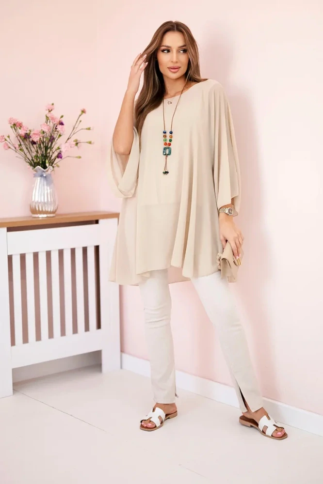 Dámská halenka dlouhá OVERSIZE 14521-6 béžová UNI L/XL/XXL + náhrdelník ZDARMA