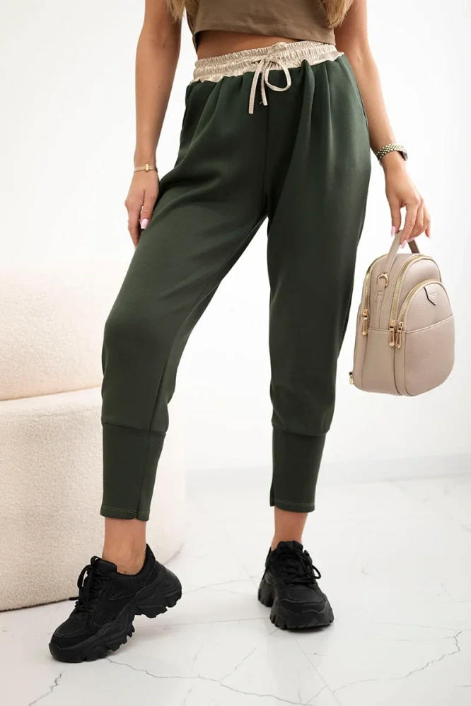 Dámské kalhoty / tepláky BAGGY s kapsami T0076-7 khaki/zelená UNI M/L
