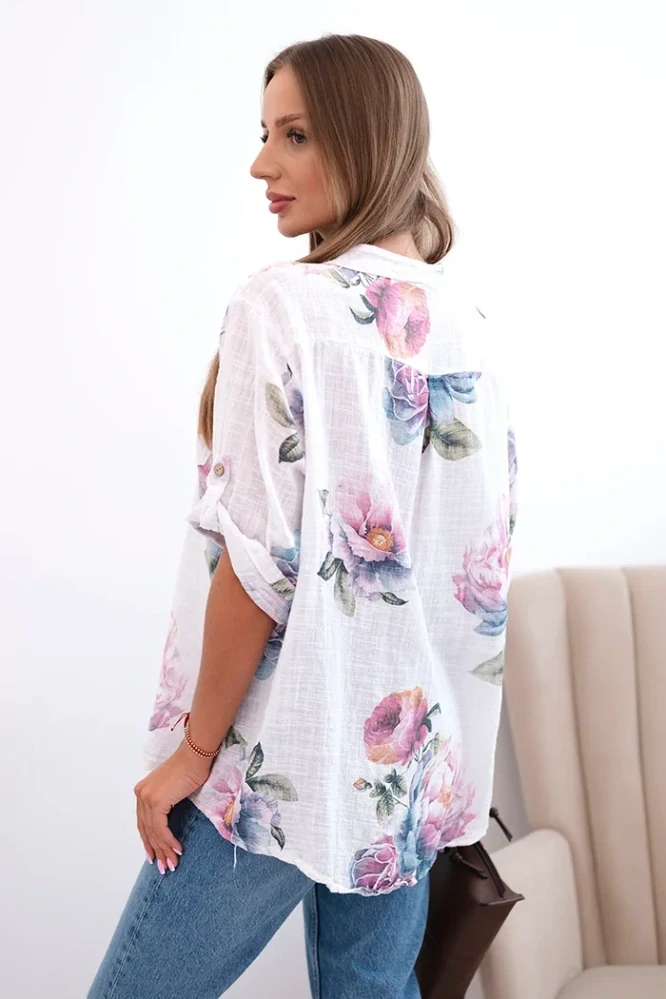 Dámská bavlněná halenka 12038-3 bílá s květy univerzální L / XL 