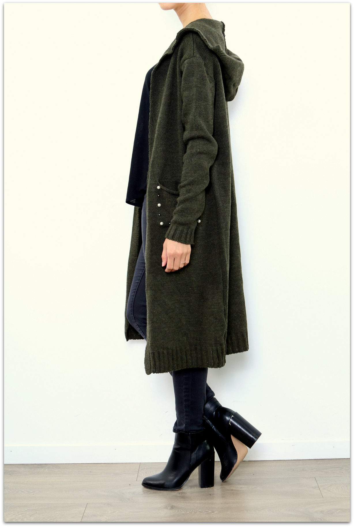 Dámský dlouhý SVETR / CARDIGAN s kapucí pletený 33006562-1 - khaki UNI - M/L/XL