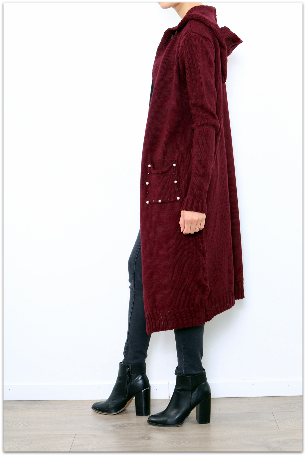 Dámský dlouhý SVETR / CARDIGAN s kapucí pletený 33006562-6 vínová UNI - M/L/XL