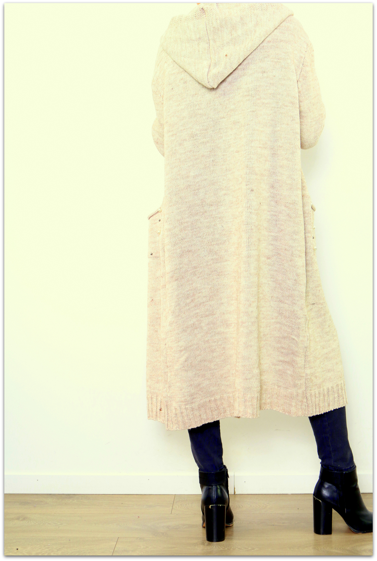 Dámský dlouhý SVETR / CARDIGAN s kapucí pletený 33006562-3 béžová UNI - M/L/XL