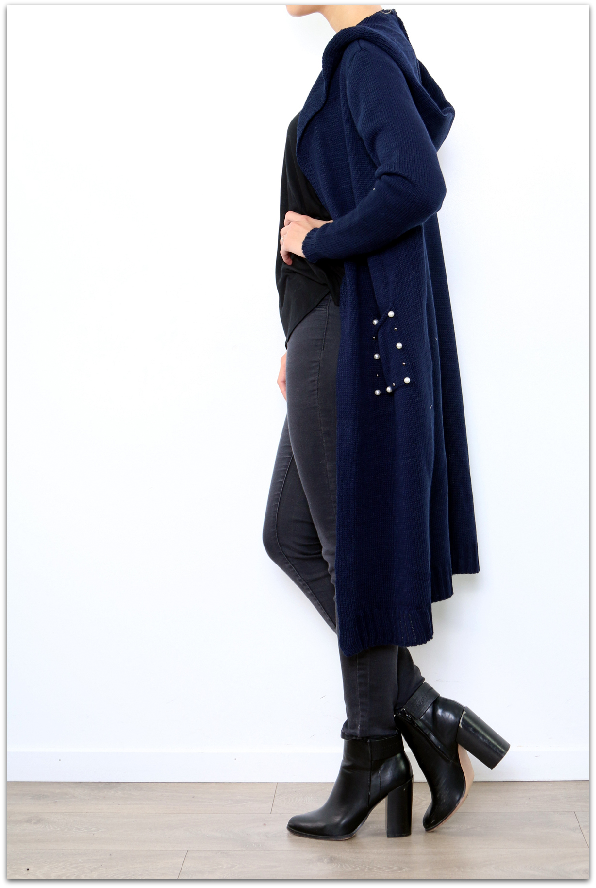 Dámský dlouhý SVETR / CARDIGAN s kapucí pletený 33006562-4 modrá UNI - M/L/XL