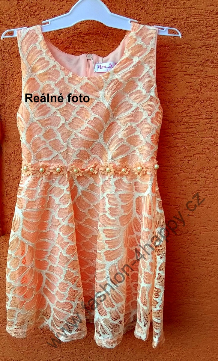 Společenské dívčí ŠATY krajkové 331033-6 lososová 128/134