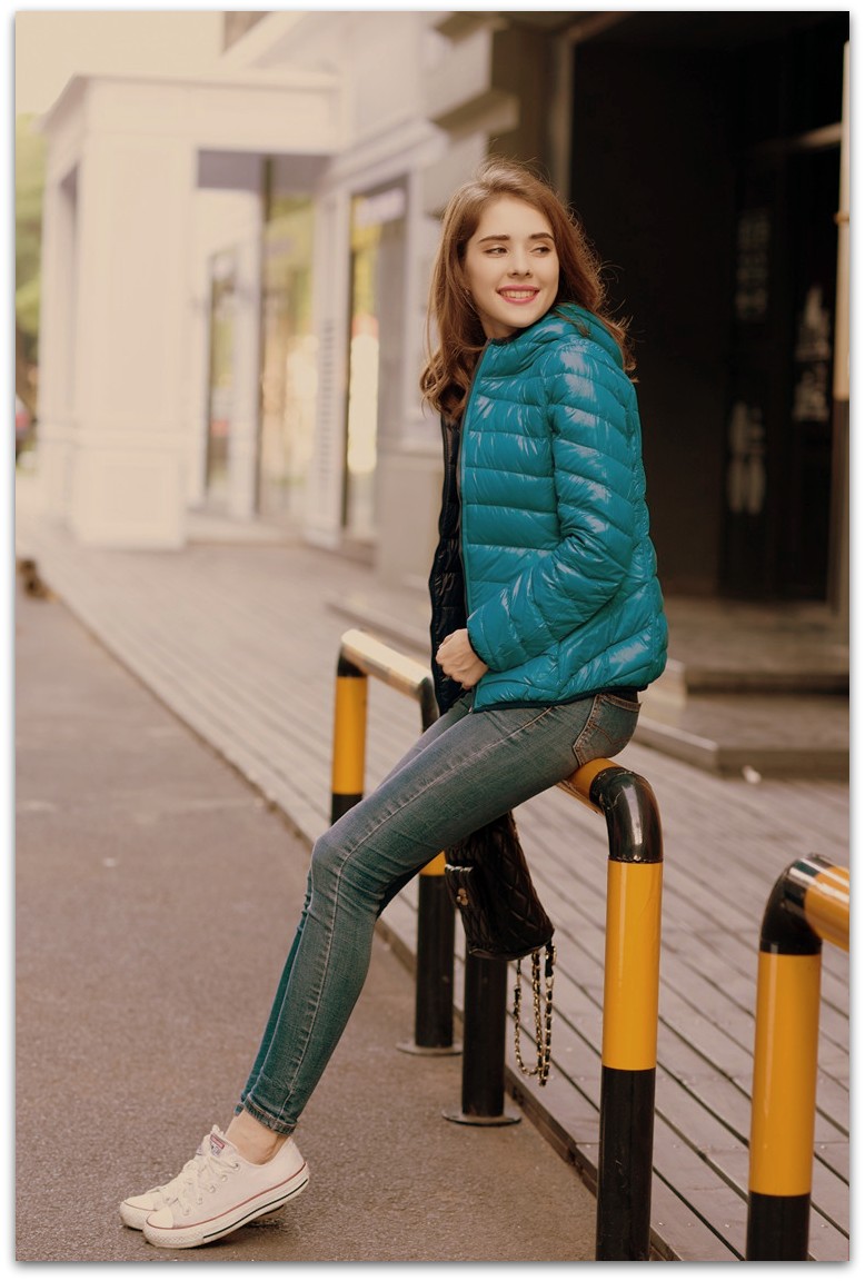 Oboustranná ULTRA LIGHT péřová bunda s kapucí 330171-1 tyrkys - modrá XS/S - poslední kus