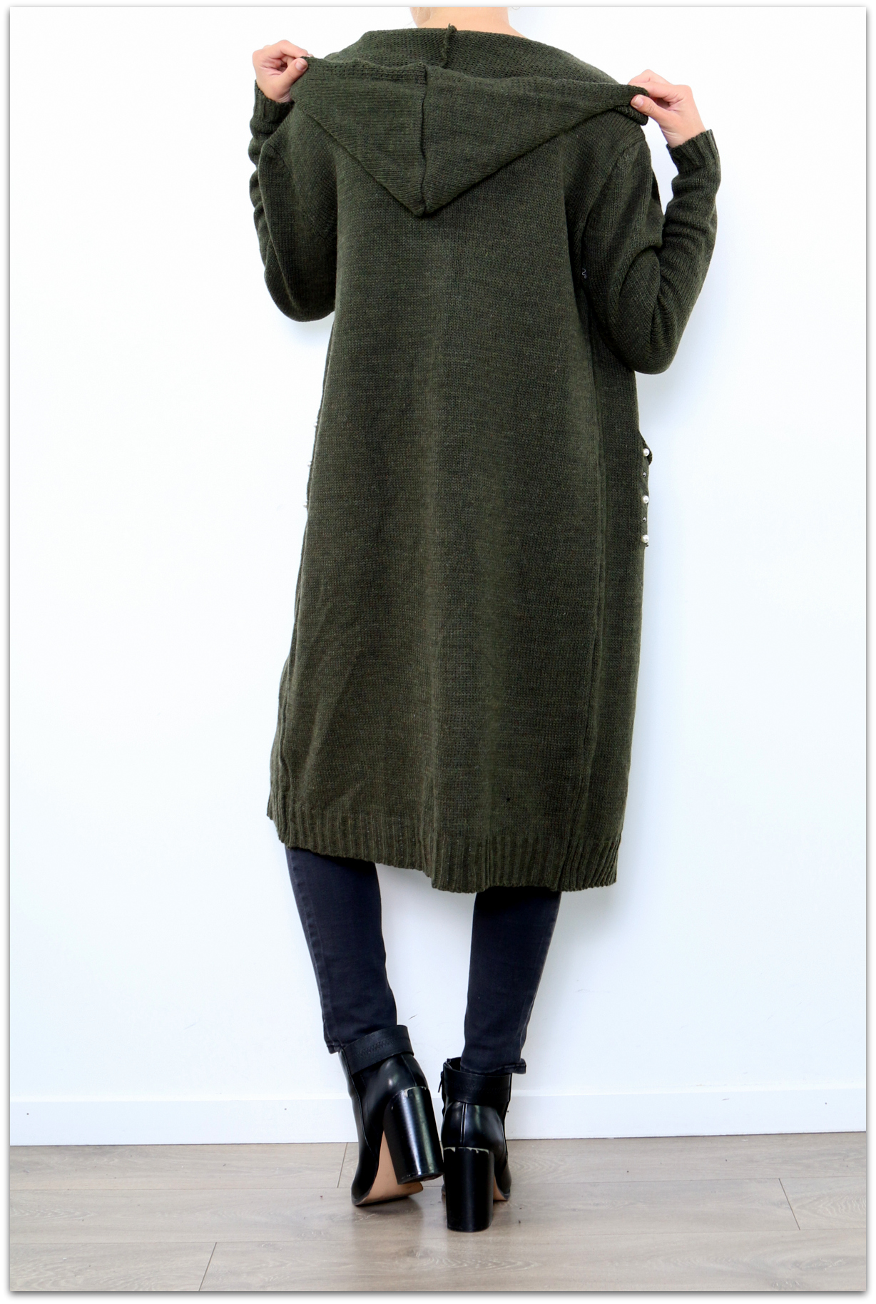 Dámský dlouhý SVETR / CARDIGAN s kapucí pletený 33006562-1 - khaki UNI - M/L/XL