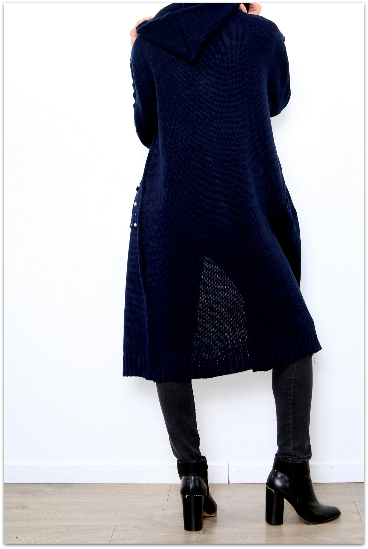 Dámský dlouhý SVETR / CARDIGAN s kapucí pletený 33006562-4 modrá UNI - M/L/XL