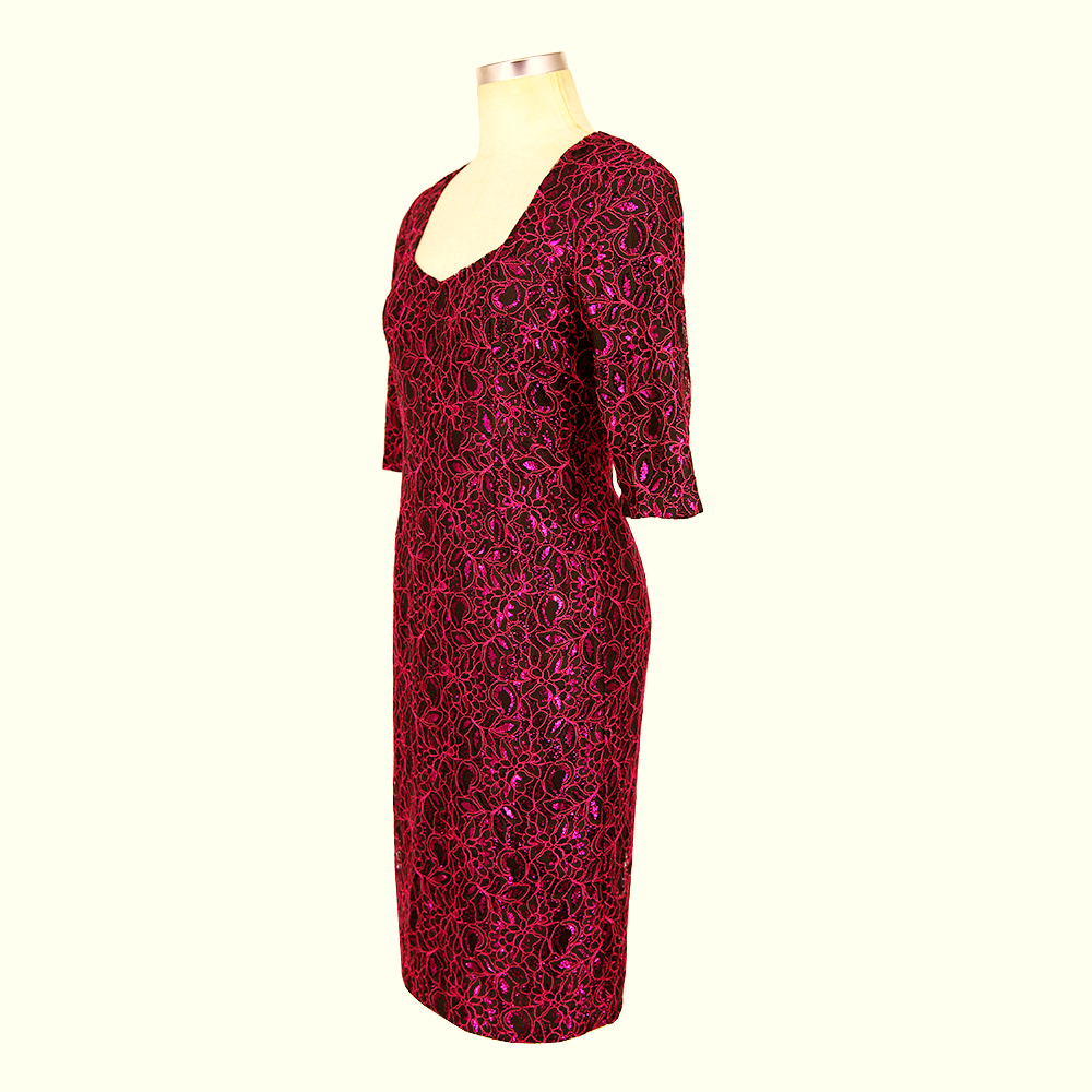 Elegantní pouzdrové ŠATY MIDI 82252120-4 krajka červená / černá S 
