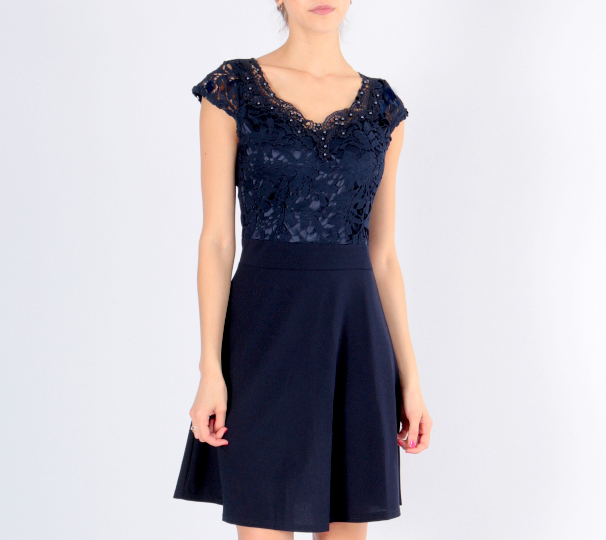 Společenské ŠATY MINI s krajkou 331861-4 modrá L