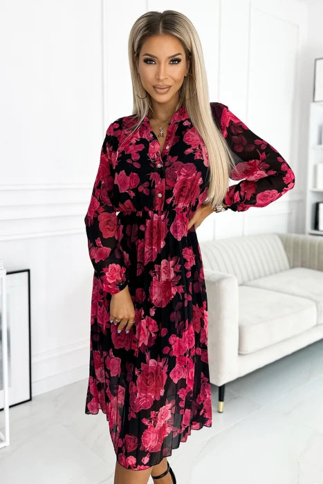 Numoco 449-2 CARLA Plisované midi šaty na knoflíky a dlouhý rukáv - černá s červenými růžemi UNI