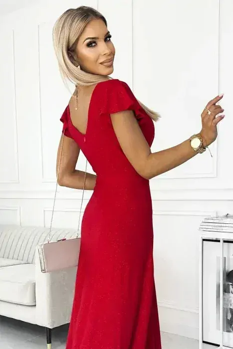 Numoco 411-2 CRYSTAL třpytivé dlouhé šaty s výstřihem - červené XL