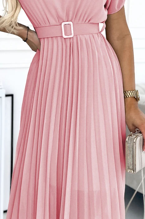 Numoco 465-3 MIA Plisované midi šaty se širokým páskem - růžové UNI