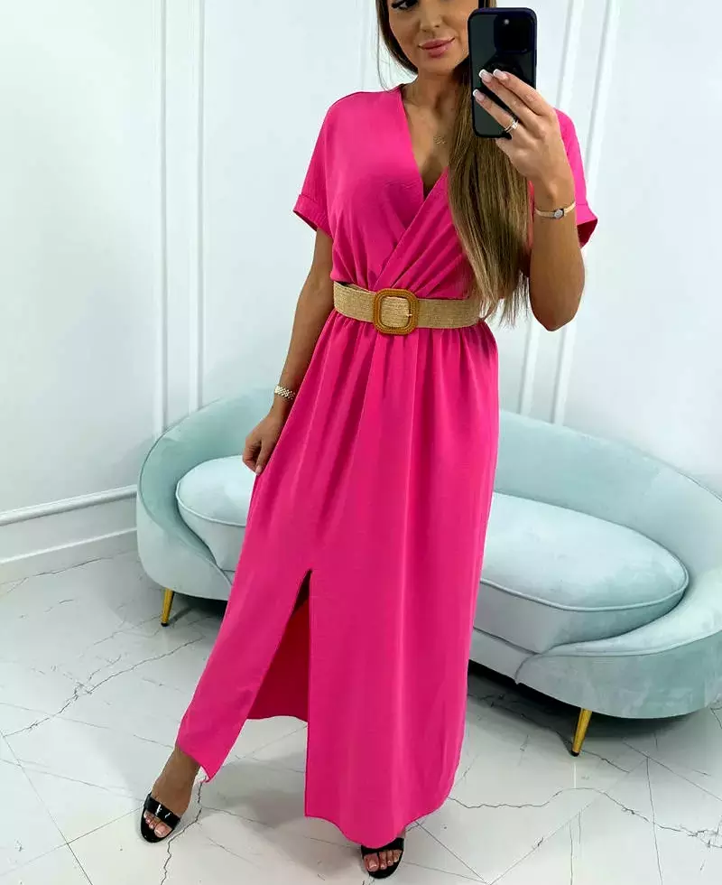 Dámské šaty dlouhé s ozdobným páskem zdarma 6012F-1 růžová - univerzální - S/M/L