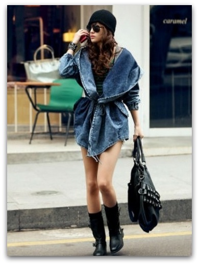 Riflová bunda DENIM UNI dlouhá s kapucí JAPAN style 68629 UNI černá