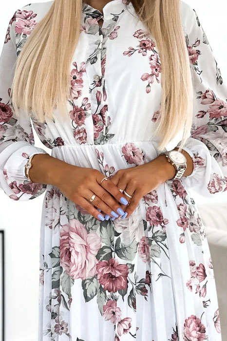 Numoco 449-1 CARLA Plisované midi šaty na knoflíky a dlouhý rukáv - růže na bílém podkladu UNI