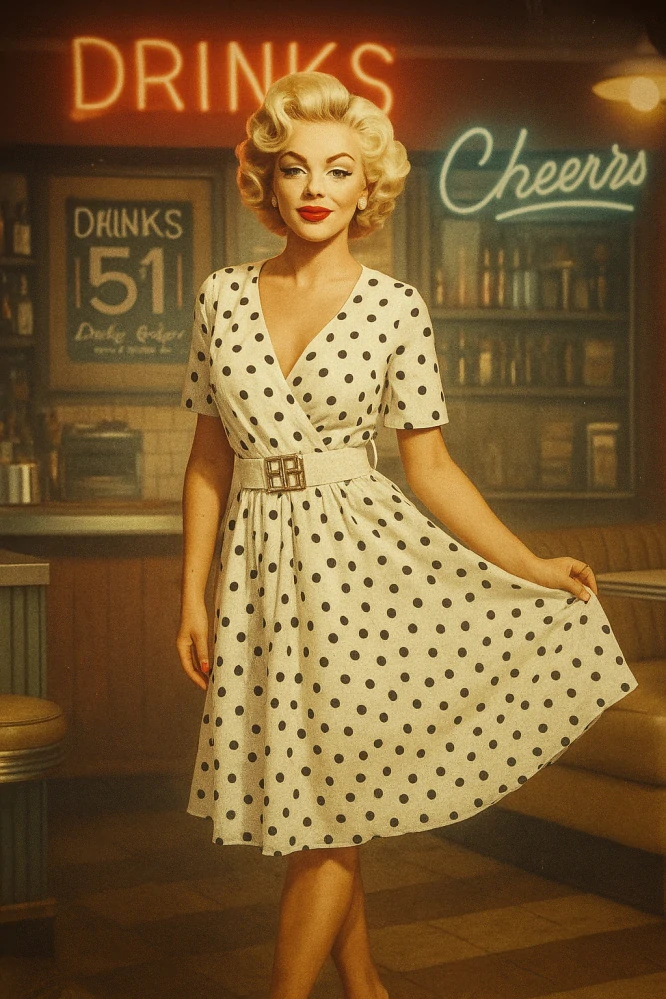 Dámské šaty Marilyn s puntíky a zlatým páskem 604-3 béžová univerzální S / M
