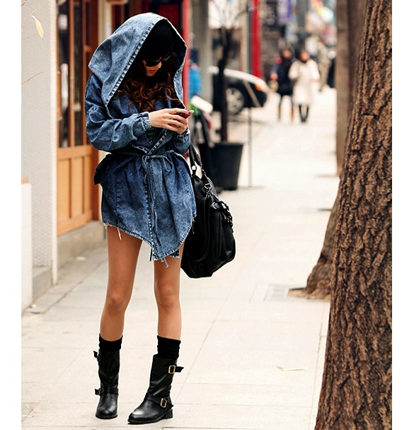 Riflová bunda DENIM UNI dlouhá s kapucí JAPAN style 68629 UNI černá