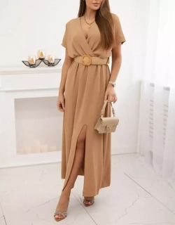 Dámské šaty dlouhé s ozdobným páskem zdarma 6012F-10 velbloudí / béžová - univerzální - S/M/L