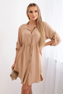 Dámské propínací ŠATY košilové se stažením v pase a 3/4 rukávem 6616-3 velbloudí - univerzální - S/M/L