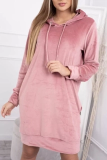 Velurové dlouhé dámské šaty / mikina s kapucí OVERSIZE 9366-4 starorůžová - univerzální S/M/L