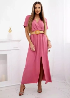 Dámské šaty dlouhé s ozdobným páskem zdarma 6012F-31 tmavě růžová - univerzální - S/M/L