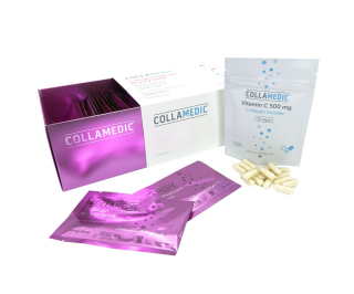 Collamedic collagen peptides beauty drink s kyselinou hyaluronovou a ceramidy 8560 mg – 30 sáčků + Dárek: 30 kapslí vitamín C 500 mg