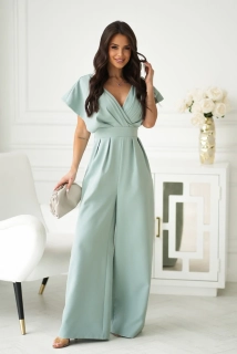 Dámský elegantní overal s širokými nohavicemi a kapsami 289-03 olivově zelená  S / M / L / XL